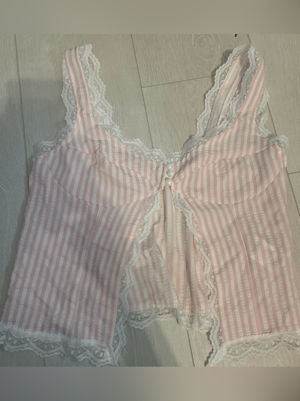 SHEIN Pink & White Striped Lace-Trim Camisole